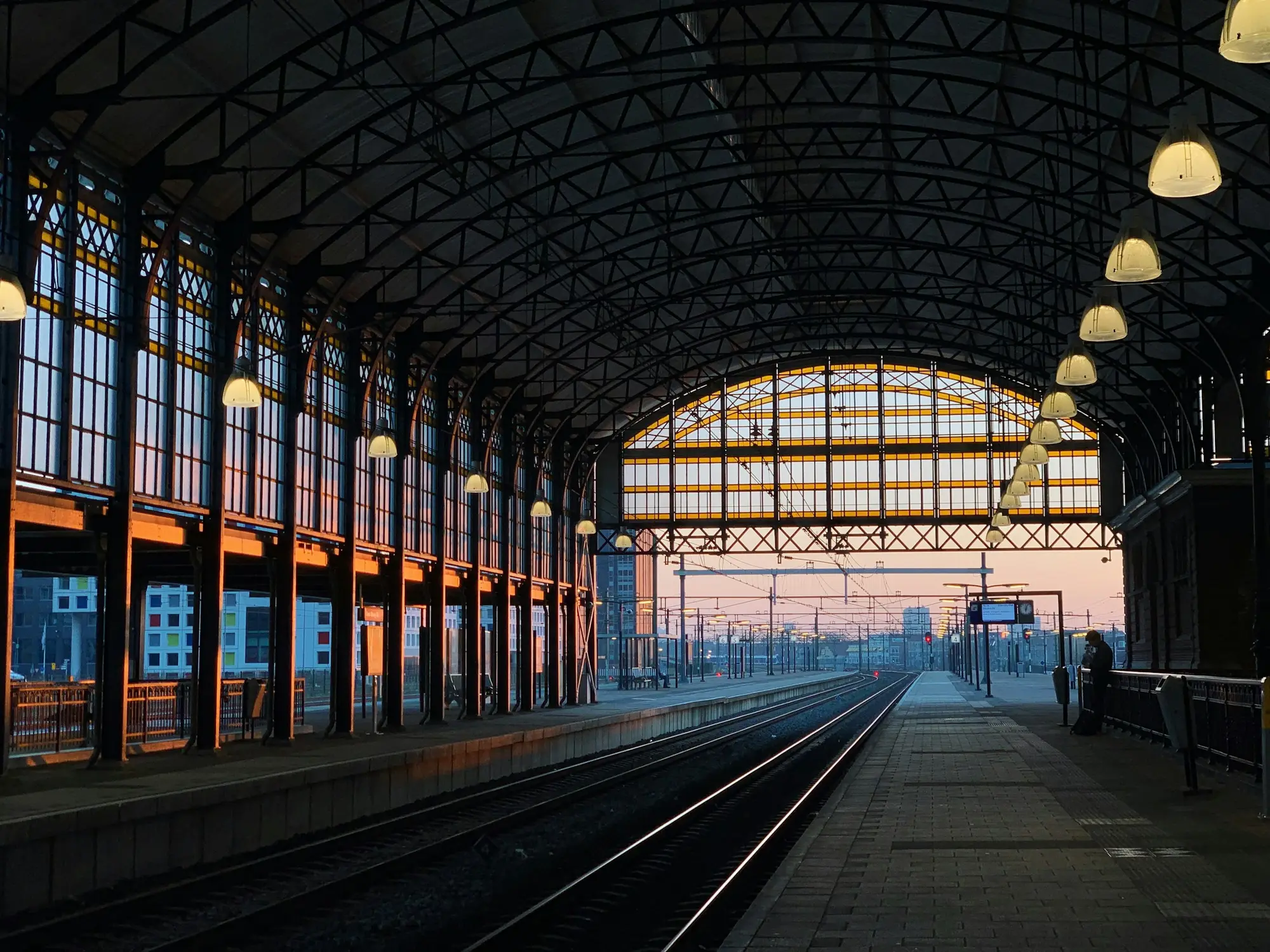 Railway station hall with lighting